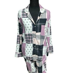 Victoria’s Secret Patchwork Plaid Pajama Set Pink Blue Button Top Pants Size M